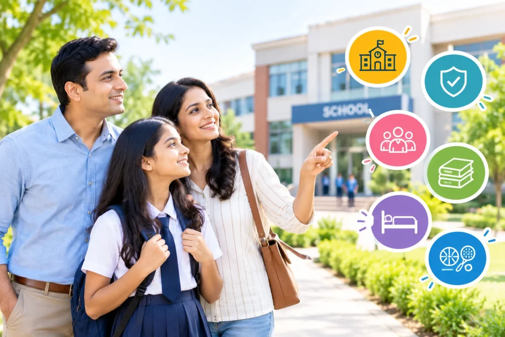 Parents visiting a school campus